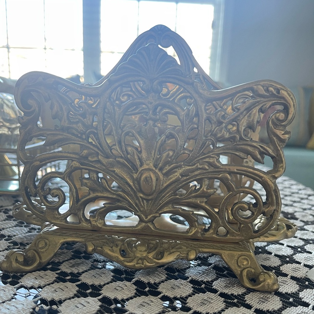 Antique Art Nouveau French Brass Letter Rack / Stationary Holder